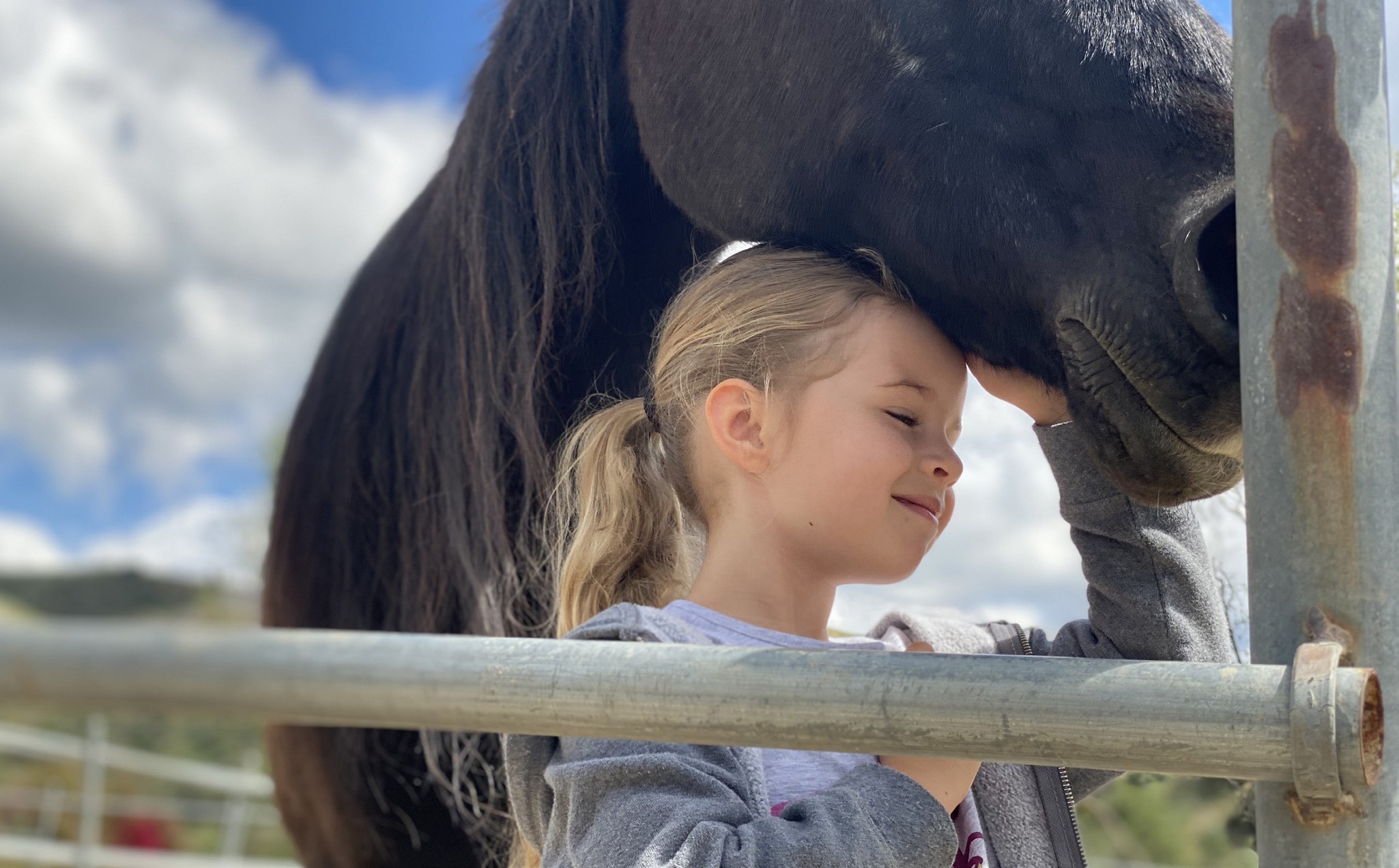 A young girl leaning her head against a horse at Stoney Point Ranch